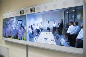 Novartis CEO Vas Narasimhan connected live via video link with the employees in Lendava and Prevalje.